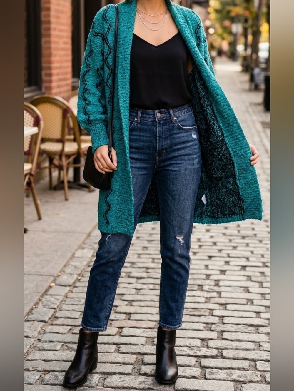 Amanda & Chelsea Teal Open-Front Bouclé Cardigan